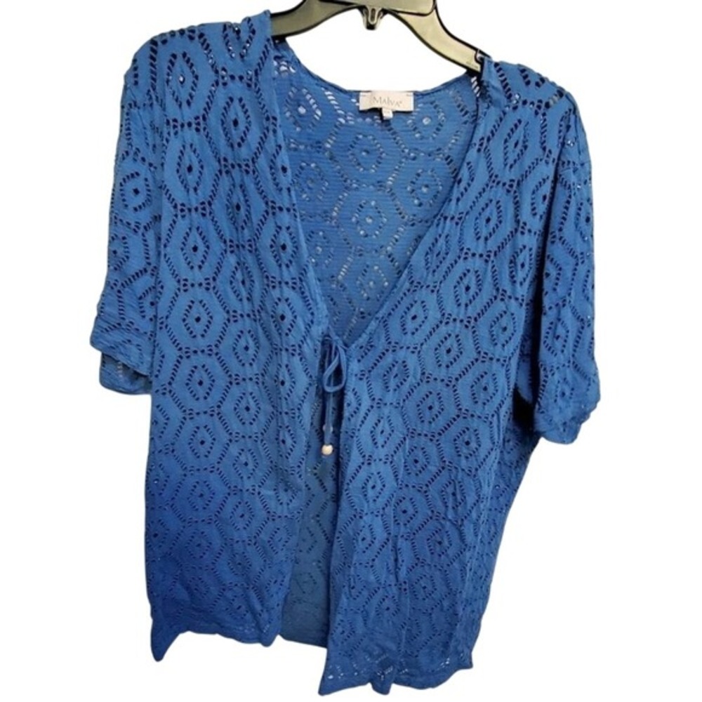Malva Blue Eyelet Crochet Knit Short Sleeve Tie‎ Front Cardigan XXL Cotton